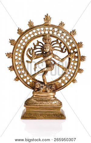 Bronze statue of indian hindu god Shiva Nataraja - Lord of Dance isolated on white with reflection
