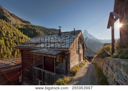 Old Cottage With Matterhorn Peak In Zermatt Area, Switzerland