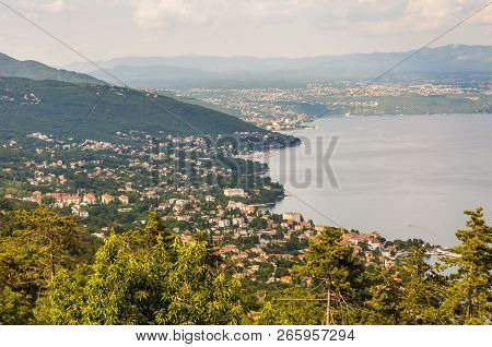 Panorama View From Istria Mountains On Lovran Opatija And Rijeka, Eastern Coast Of Istria, North Cro