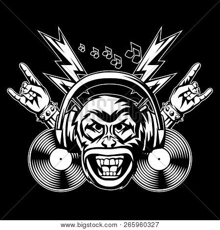 Rock And Roll Music Print. Angry Monkey Head. Rock Festival Poster. Vintage Label With Musical Items