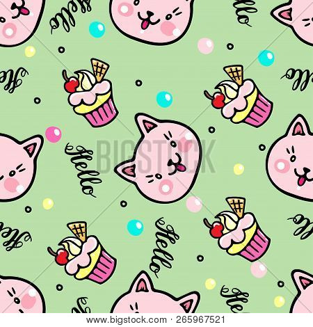Vector Seamless Pattern With Kittens And Muffins. Hello Lettering