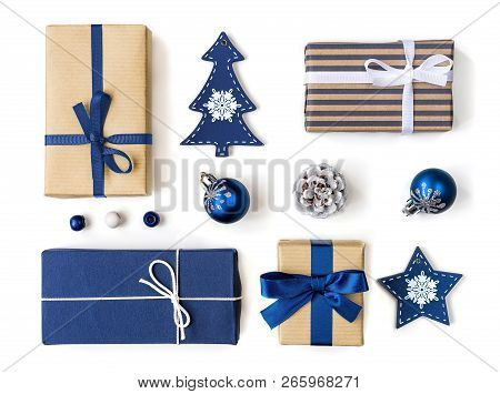 Christmas Gift Boxes And Baubles Collection In Blue For Mock Up Template Design. View From Above. Fl