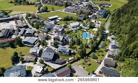 Aerial View Of A Village In The Alpine Mountains, Lofer, Austria