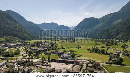 Aerial View Of A Village In The Alpine Mountains, Lofer, Austria