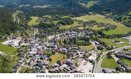 Aerial View Of A Village In The Alpine Mountains, Lofer, Austria