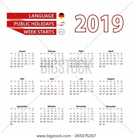Calendar 2019 In Germany Language With Public Holidays The Country Of Austria In Year 2019. Week Sta