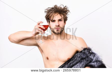 Rich Athlete Enjoy His Life. Richness And Luxury Concept. Sexy Sleepy Rich Macho Tousled Hair Drink 