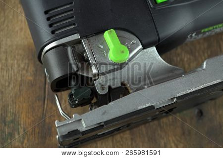 Moscow, Russia, August 15, 2018. Electric Jig Saw Festool Trion Ps 300 Eq On A Wooden Table Against 