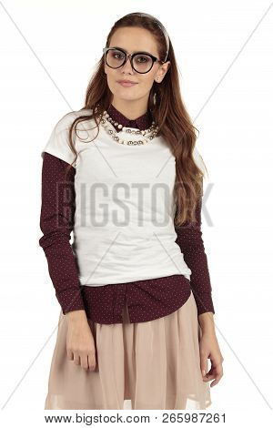 Day Dreaming Preppy Girl Look Into The Distance With A Pink Skirt And White T-shirt