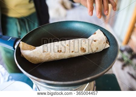 Cooking Pita Rolls Stuffed With Vegetables. Stuffing For Tacos. Eastern Cuisine. Pita Bread In A Pan