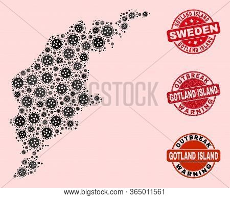 Outbreak Collage Of Infection Mosaic Gotland Island Map And Corroded Seal Stamps. Vector Red Imprint