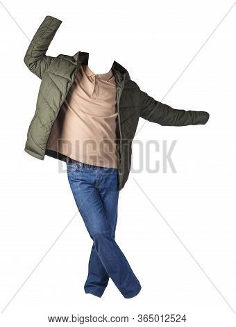 Hakki Jacket With Zipper,beige Shirt And Blue Jeans Isolated On White Background. Casual Fashion Clo