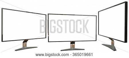 Renders Of Black Modern Computer Screen With Fictive Design Isolated On White Background - Highly De