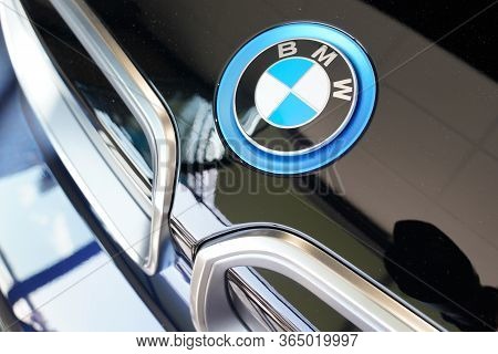 Bordeaux , Aquitaine / France - 10 11 2019 : Detail Blue Electric Bmw Car Logo German Luxury Vehicle