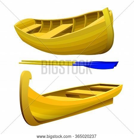 Set Of Wooden Boats For Travel And Tourism Or Fishing Made Of Yellow Boards, Color Vector Illustrati