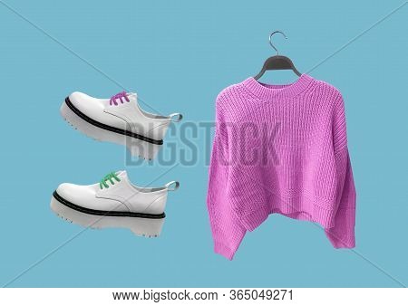 Collage Of Pink Female Knit Sweater With Long Sleeves On Hanger And White Leather Platform Shoes Iso