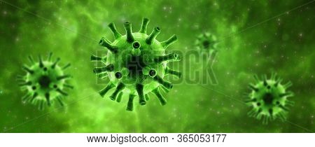 Coronavirus Or Influenza Superbug In Cell, Digital View Of Sars-cov-2 Corona Virus On Green Backgrou