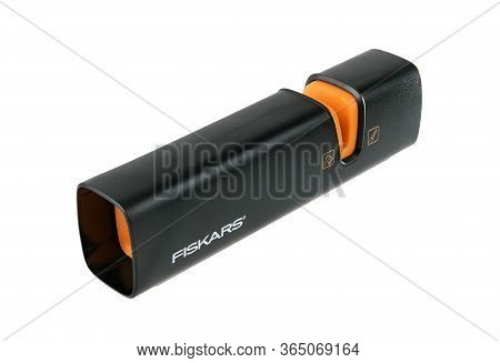 Warsaw, Poland - March 9, 2020:black Sharpener Fiskars For Sharpening A Knife And An Ax Isolated On 