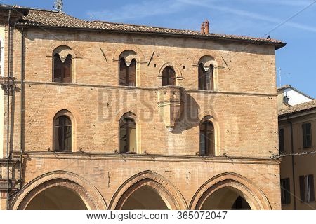 Historic Aurelio Saffi Square In Forli, Emilia Romagna, Italy At Morning