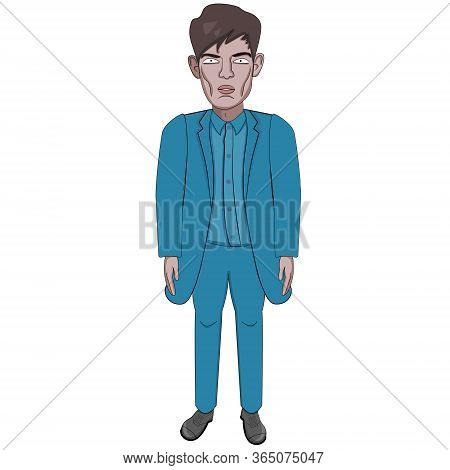 Male Model In A Blue Suit. Business Style. Cartoon Character Serious Man