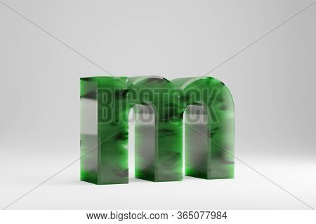 Jade 3d Letter M Lowercase. Jade Letter Isolated On White Background. Green Jade Semitransparent Sto