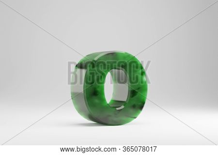 Jade 3d Letter O Lowercase. Jade Letter Isolated On White Background. Green Jade Semitransparent Sto