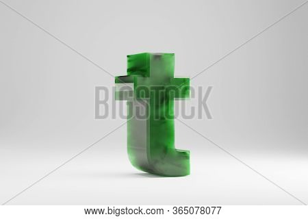 Jade 3d Letter T Lowercase. Jade Letter Isolated On White Background. Green Jade Semitransparent Sto