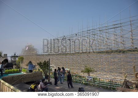 Thai People Worker Build Bamboo Boat In The Festival Of Illuminated Boat Procession Or Lai Reua Fai 