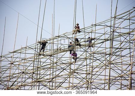 Thai People Worker Build Bamboo Boat In The Festival Of Illuminated Boat Procession Or Lai Reua Fai 