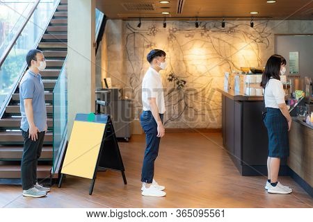 Three Asian People Wearing Mask Standing Distance Of 6 Feet From Other People Keep Distance Protect 