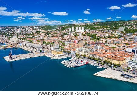 Croatia, City Of Rijeka, Aerial Panoramic View Of City Center, Marina And Harbor From Drone