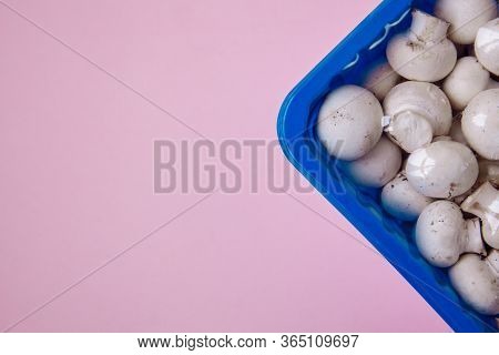 In The Corner Of The Frame Is A Blue Container. In The Container There Are Small Mushrooms. Mushroom