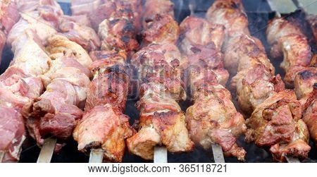 Grilled Beef Cabobs Close-up On An Open Fire.