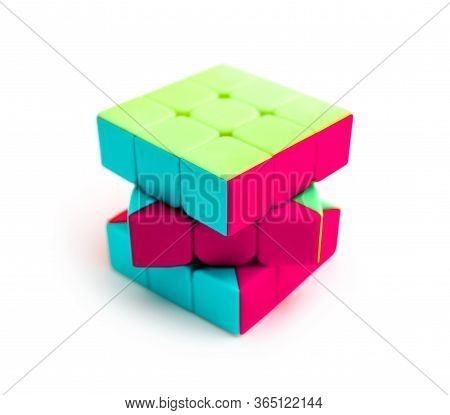 Moscow, Russia - 10 April 2020: Rubik's Cube Puzzle, Isolated On White Background.