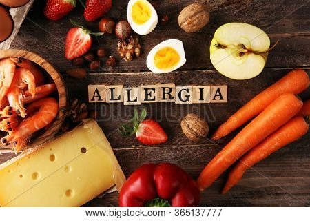Allergy Food Concept. Allergy Food As Almonds, Milk, Cheese, Strawberry, Eggs, Peanuts And 
Crustace
