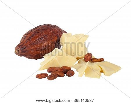 Pieces Of Natural Cocoa Butter With Cocoa Beans And Cocoa Pod 
Isolated On White Background. Macro P