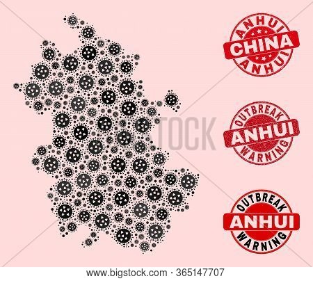 Outbreak Combination Of Virus Mosaic Anhui Province Map And Rubber Seals. Vector Red Seals With Corr