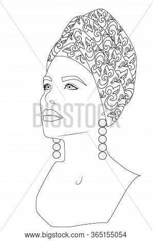 Portrait Of Young Beautiful Woman Wearing Print Turban And Long Pearl Earrings, Long Neck, Proud Pos