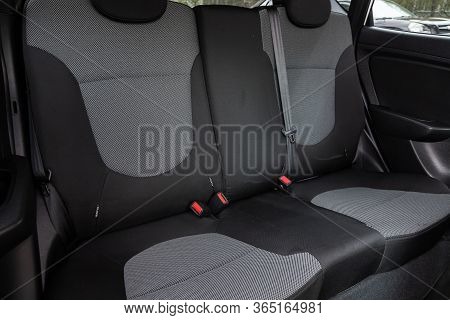 Novosibirsk/ Russia - May 02 2020: Hyundai Solaris, Rear Seat For Passengers In Black Textile. Comfo