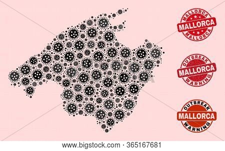 Outbreak Composition Of Flu Viral Mosaic Mallorca Map And Rubber Seals. Vector Red Seals With Distre