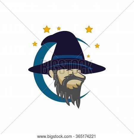 Wizard Warlock Old Man Face With Beard Hat Magic Mage Logo Template Vector.eps 10