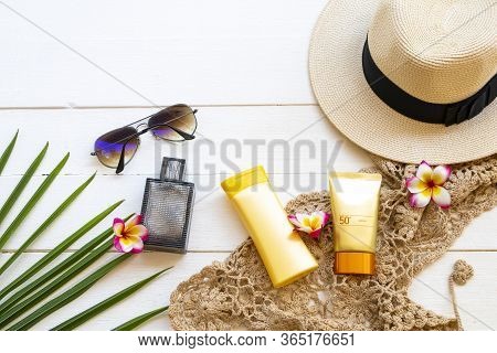 Sunscreen Spf50 ,body Lotion Crochet ,flowers Frangipani ,sunglasses ,hat And Perfume Accessories Of