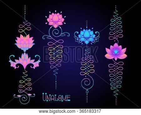 Lotus And Sacred Geometry. Unamole Hindu Symbol Of Wisdom And Path To Perfection. Set Of Tattoo Fles