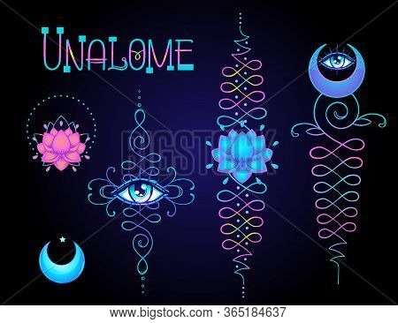Lotus And Sacred Geometry. Unamole Hindu Symbol Of Wisdom And Path To Perfection. Set Of Tattoo Fles