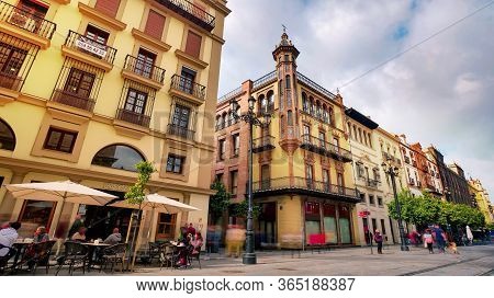 Seville, Spain - 10 February 2020 : Architecture On The Main Boulevard In Beautiful Seville Spain Ci