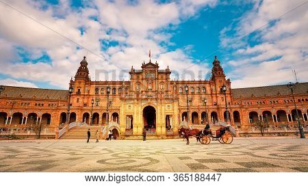 Seville, Spain - 10 February 2020 : Plaza De Espana Spain Square Architecture In Beautiful Seville S