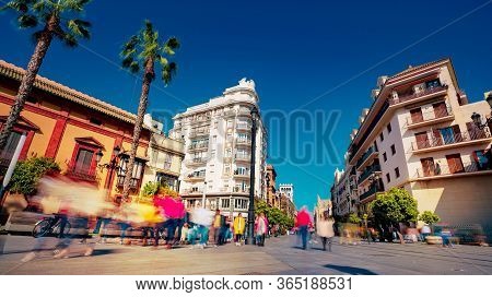 Seville, Spain - 10 February 2020 : Architecture On The Main Boulevard In Beautiful Seville Spain Ci