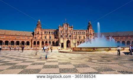 Seville, Spain - 10 February 2020 :plaza De Espana Spain Square Architecture Front View In Beautiful