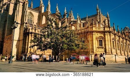 Seville, Spain - 10 February 2020 : Seville Cathedral The Biggest Ghotic Cathedral In Beautiful Sevi
