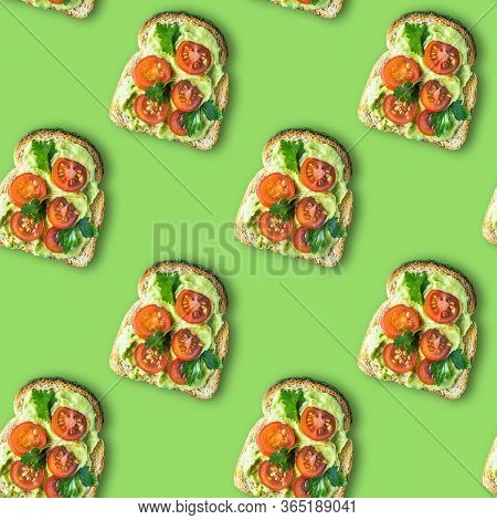 Seamless Pattern Sandwich Cerry Tomatoes, With Avocado And Cottage Cheese Sauce, Sprinkled With Cele